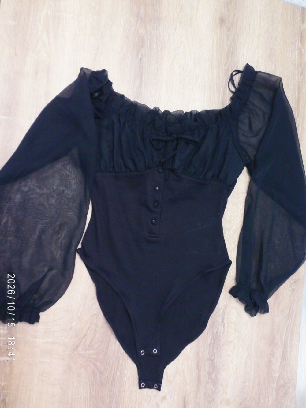 Black Sheer Sleeve Off-Shoulder Bodysuit With Button Detail Medium